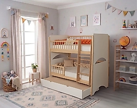 Lorenza - Ayrılabilir MDF - Natural Ahşap Ranza Yavrulu